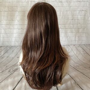 Medium Brown Golden Highlights  Hair Wig Front Bangs Layered Style 24"
